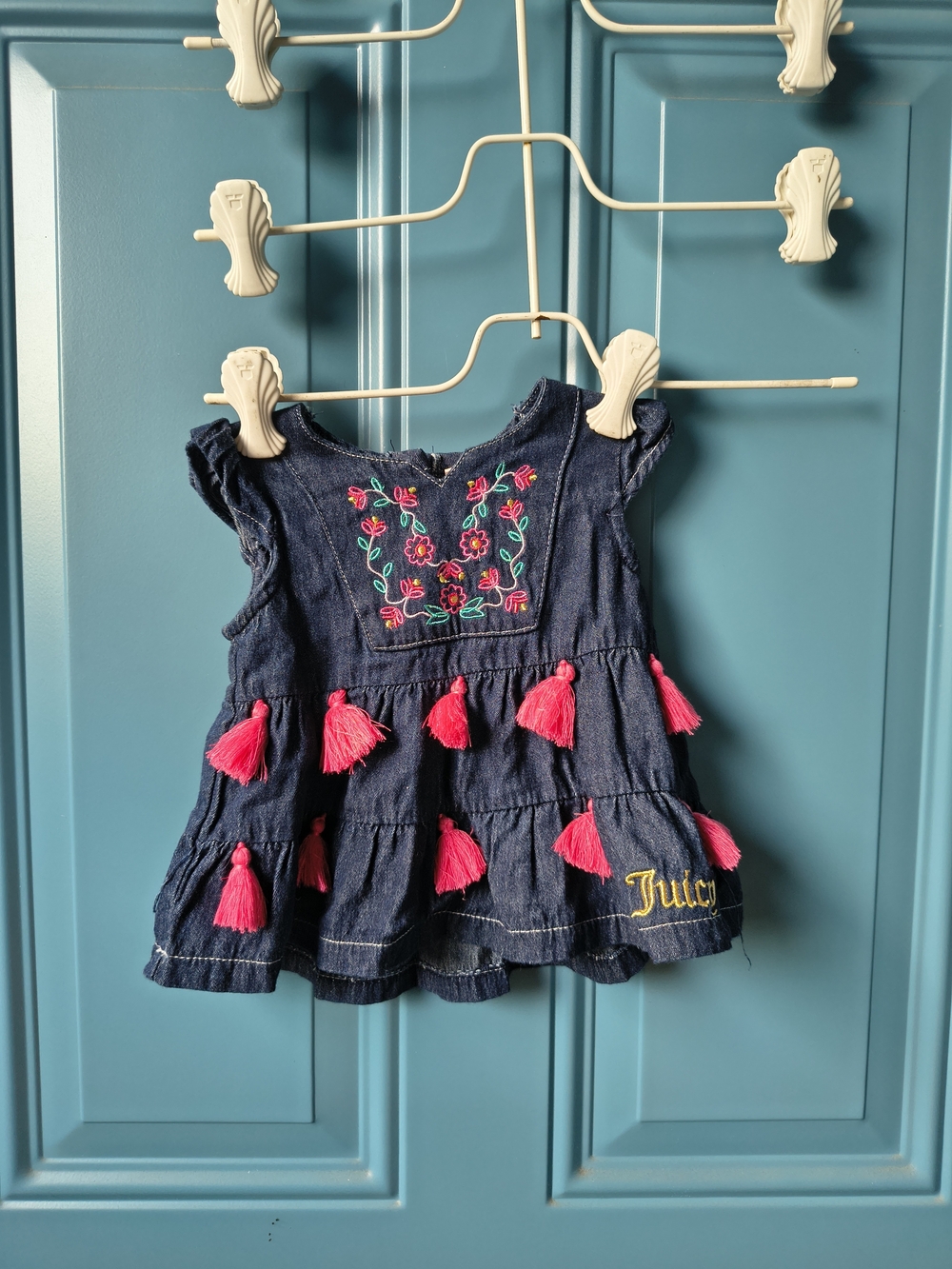Juicy Couture Navy Denim Dress with Hot Pink Tassels and Floral Embroidery